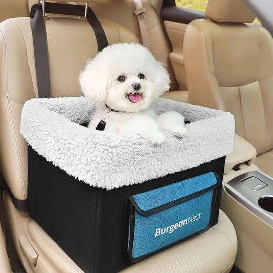 Burgeonnest Dog Car Seat for Small Dogs, Puppy Portable Dog Booster Seat for Car with Upgrade Base Design, Adjustable Straps, with Storage Pockets and Clip-On Leash Portable Dog Car Travel Carrier Bed