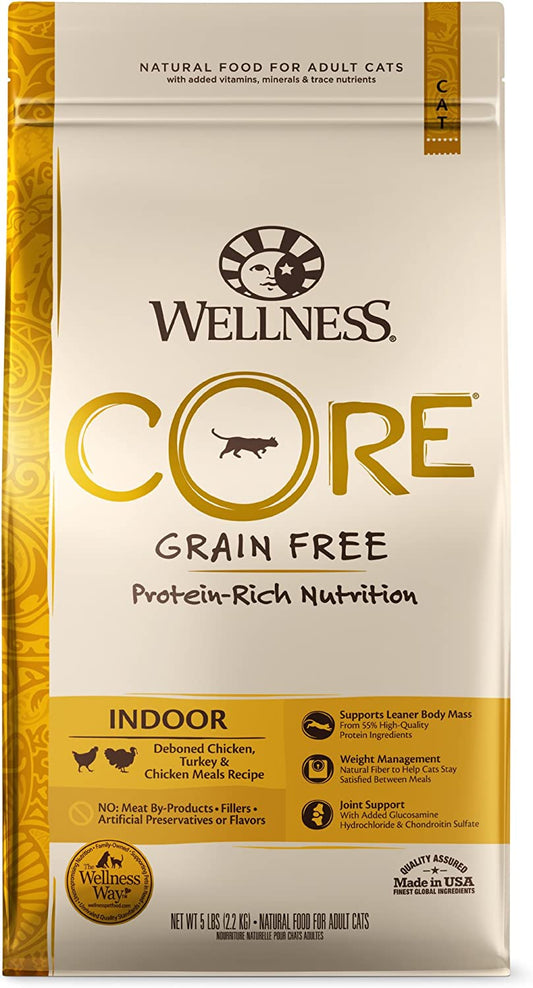 Wellness CORE Grain-Free Dry Cat Food: Indoor Formula with Chicken, Turkey & Chicken Meal, 5-Pound Bag