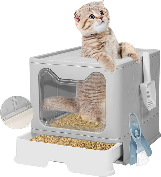 Large Top Entry Cat Litter Box: Foldable, Covered, Anti-Splashing (Gray)