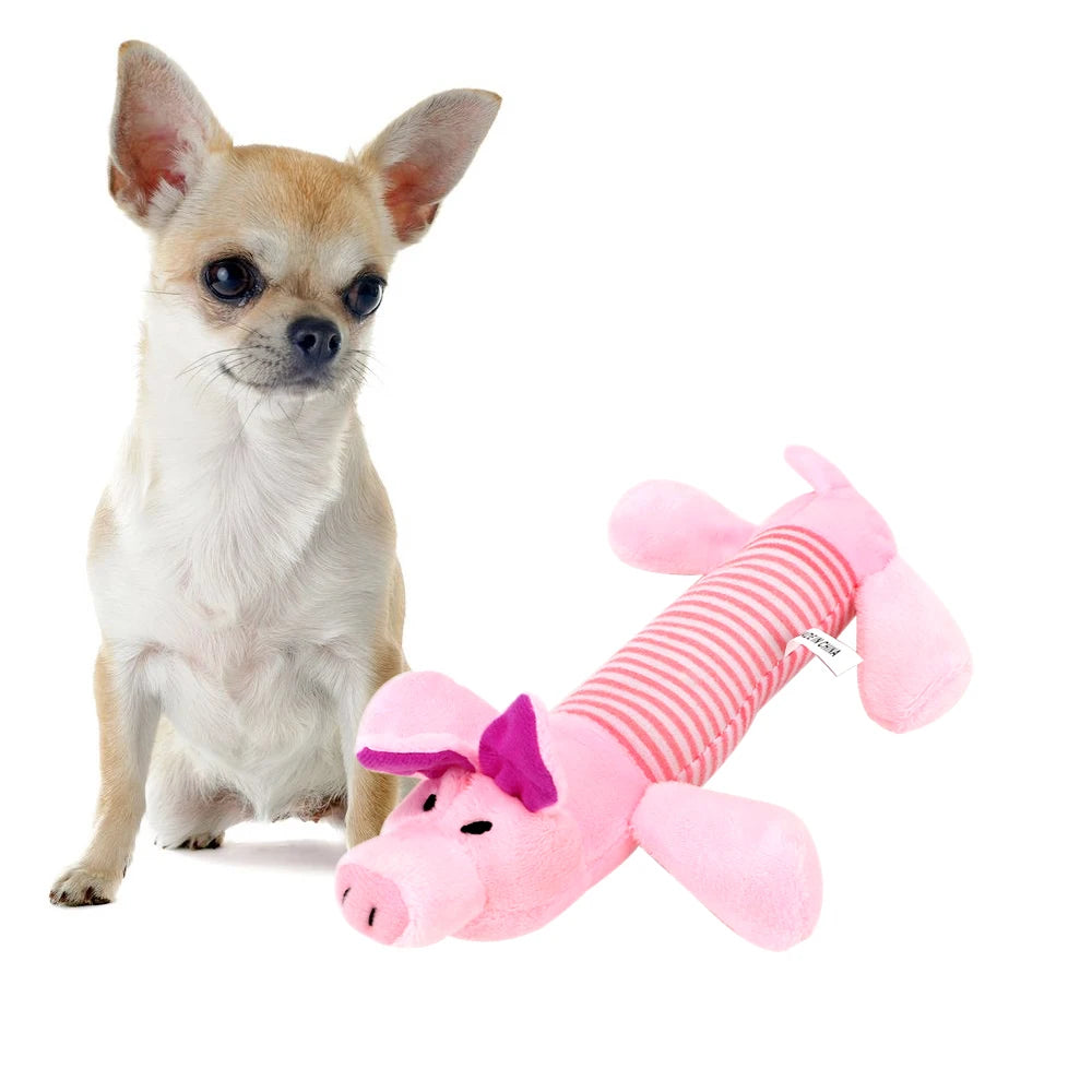 Fleece Pet Toys: Elephant, duck, pig, chicken legs, squeak dolls.