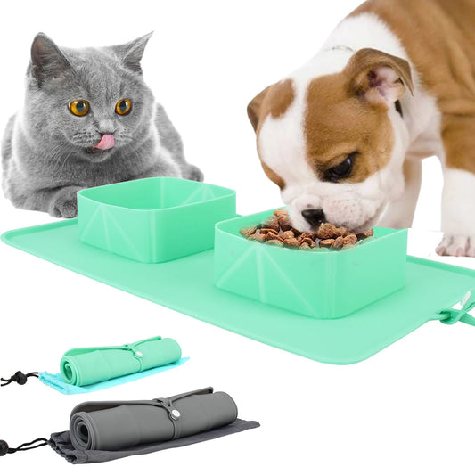 Folding Double Bowl: Water Feeder Food Container, Pet Supplies For Dogs Cats Silicone With Flannel Bag