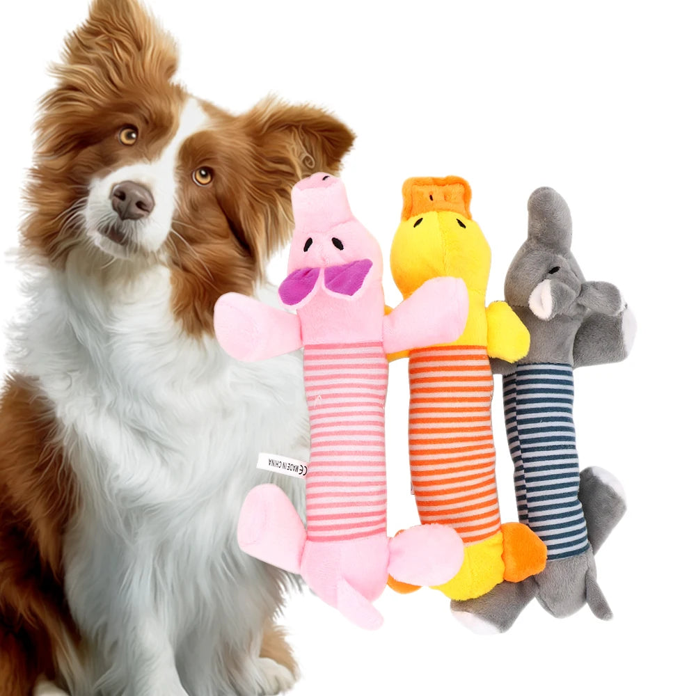 Fleece Pet Toys: Elephant, duck, pig, chicken legs, squeak dolls.