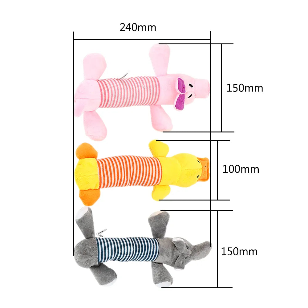 Fleece Pet Toys: Elephant, duck, pig, chicken legs, squeak dolls.