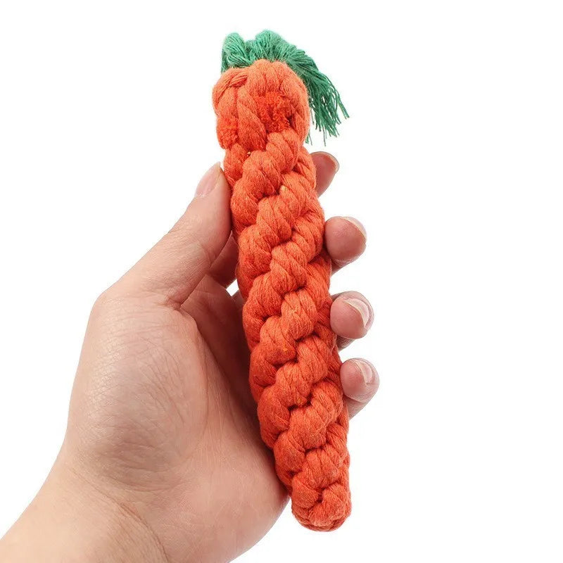 Durable Pet Chew Toy: Carrot-shaped rope toy for dogs.