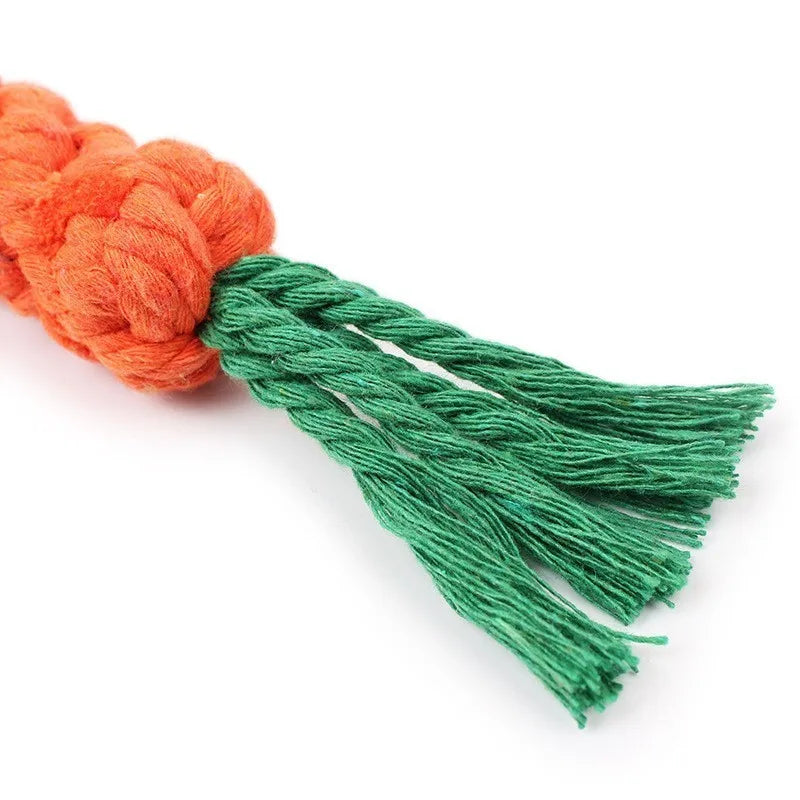 Durable Pet Chew Toy: Carrot-shaped rope toy for dogs.