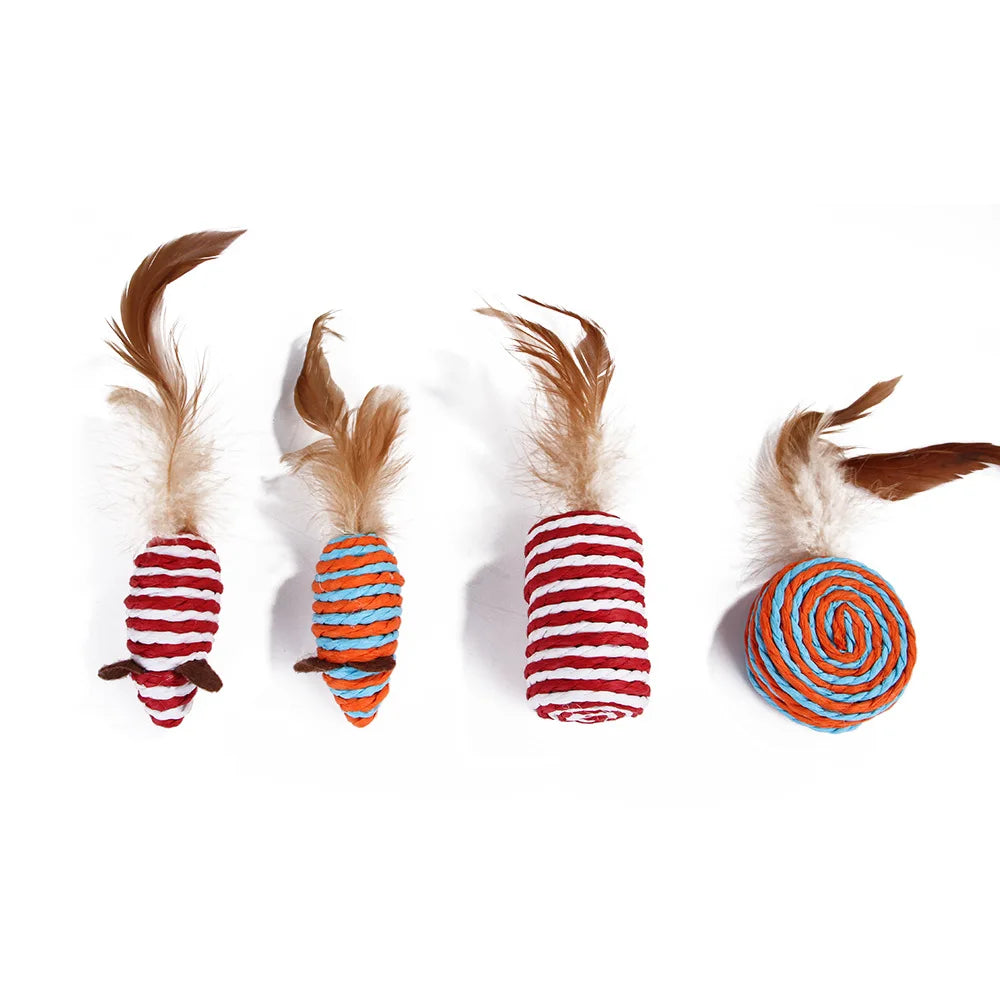 Cat Stick Toy Set: Popular feathered mouse toys for cats.