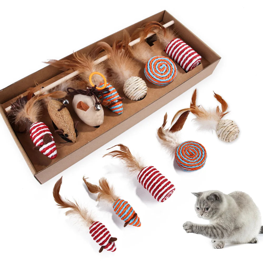 Cat Stick Toy Set: Popular feathered mouse toys for cats.