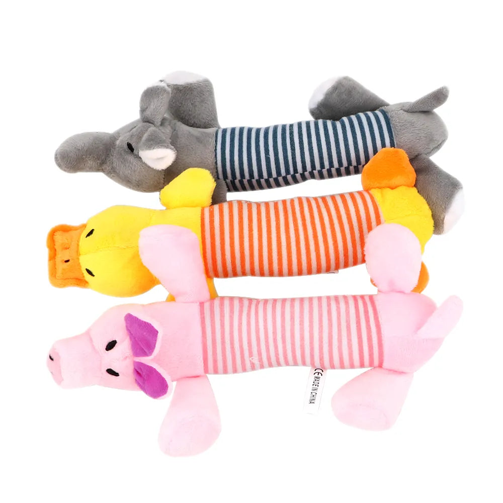 Fleece Pet Toys: Elephant, duck, pig, chicken legs, squeak dolls.