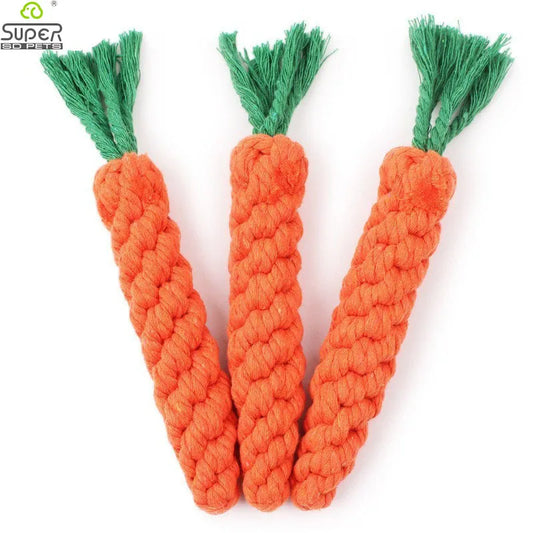 Durable Pet Chew Toy: Carrot-shaped rope toy for dogs.