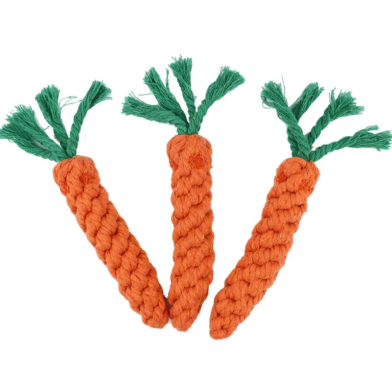 Durable Pet Chew Toy: Carrot-shaped rope toy for dogs.