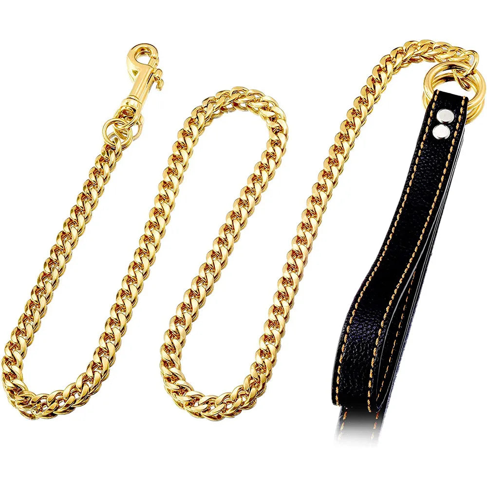 Explosion-proof Gold Leash: Leather, Stainless Steel Chain