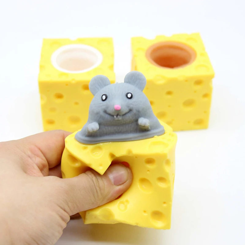 Stress-relieving pet toys: Cheese mouse, squirrel cup, fidget toys.