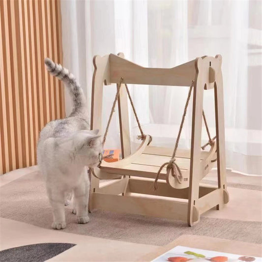 Sleeping Furniture: Wooden bed frame, hanging swing, elevated small pet nest.