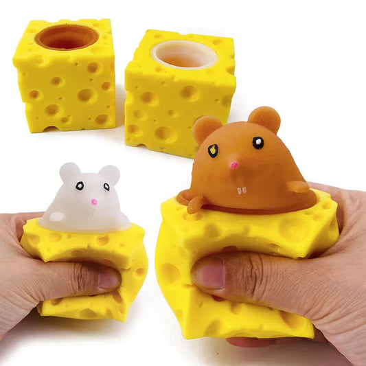 Stress-relieving pet toys: Cheese mouse, squirrel cup, fidget toys.