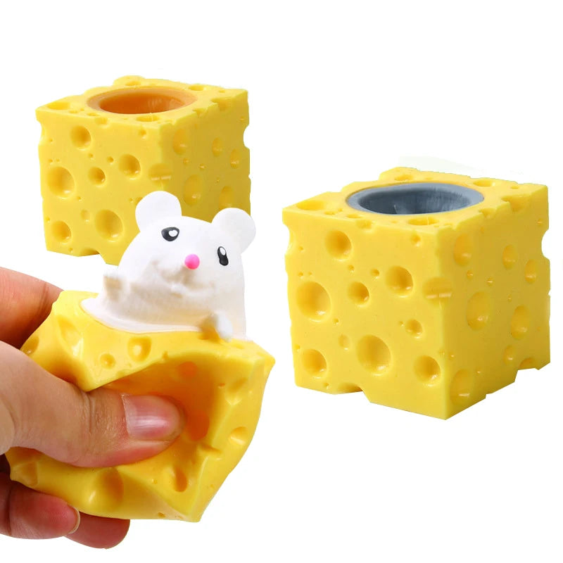 Stress-relieving pet toys: Cheese mouse, squirrel cup, fidget toys.