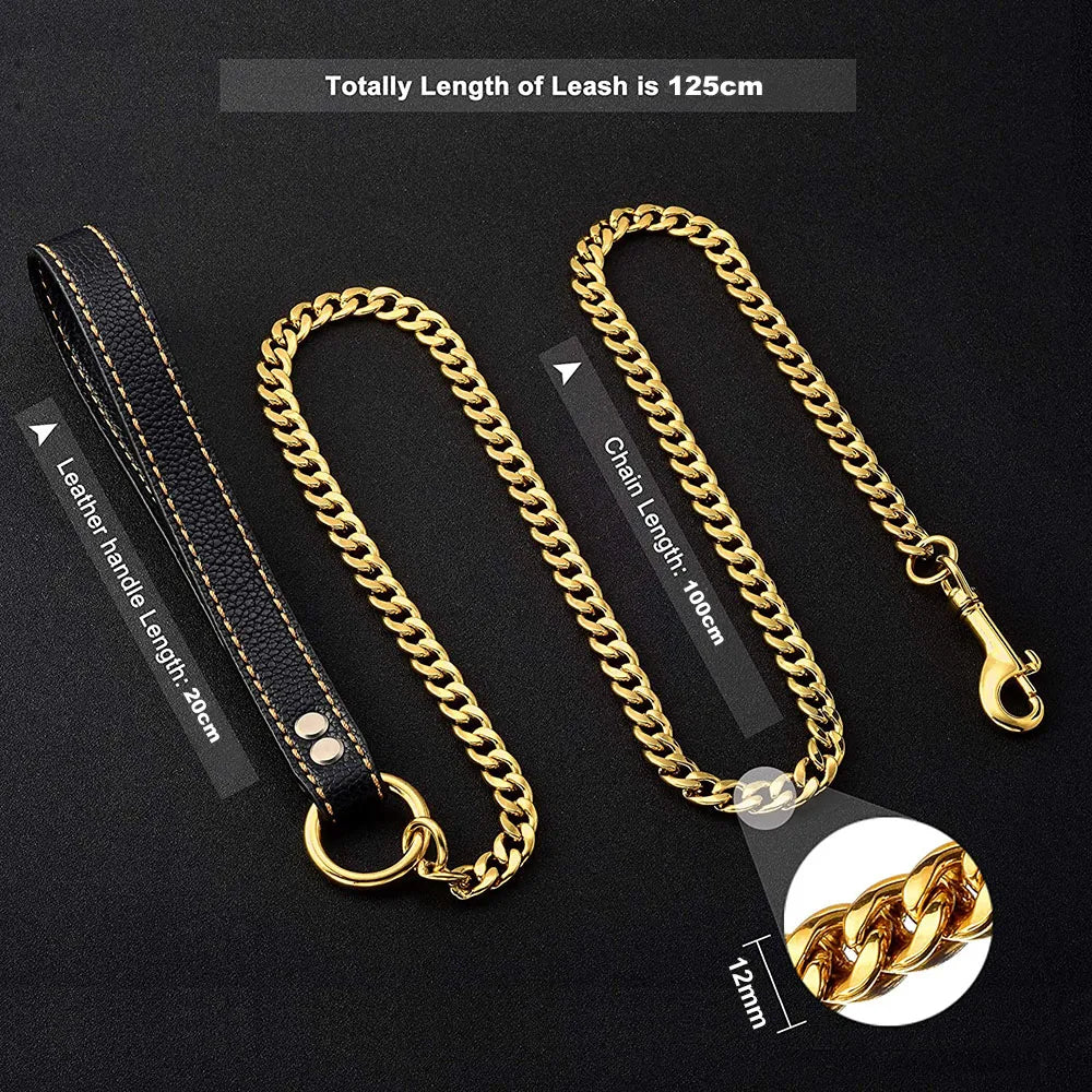 Explosion-proof Gold Leash: Leather, Stainless Steel Chain