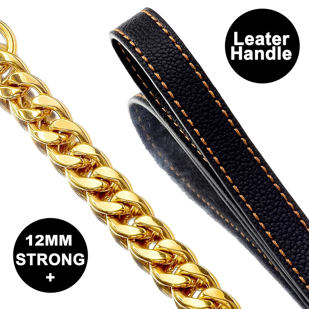 Explosion-proof Gold Leash: Leather, Stainless Steel Chain