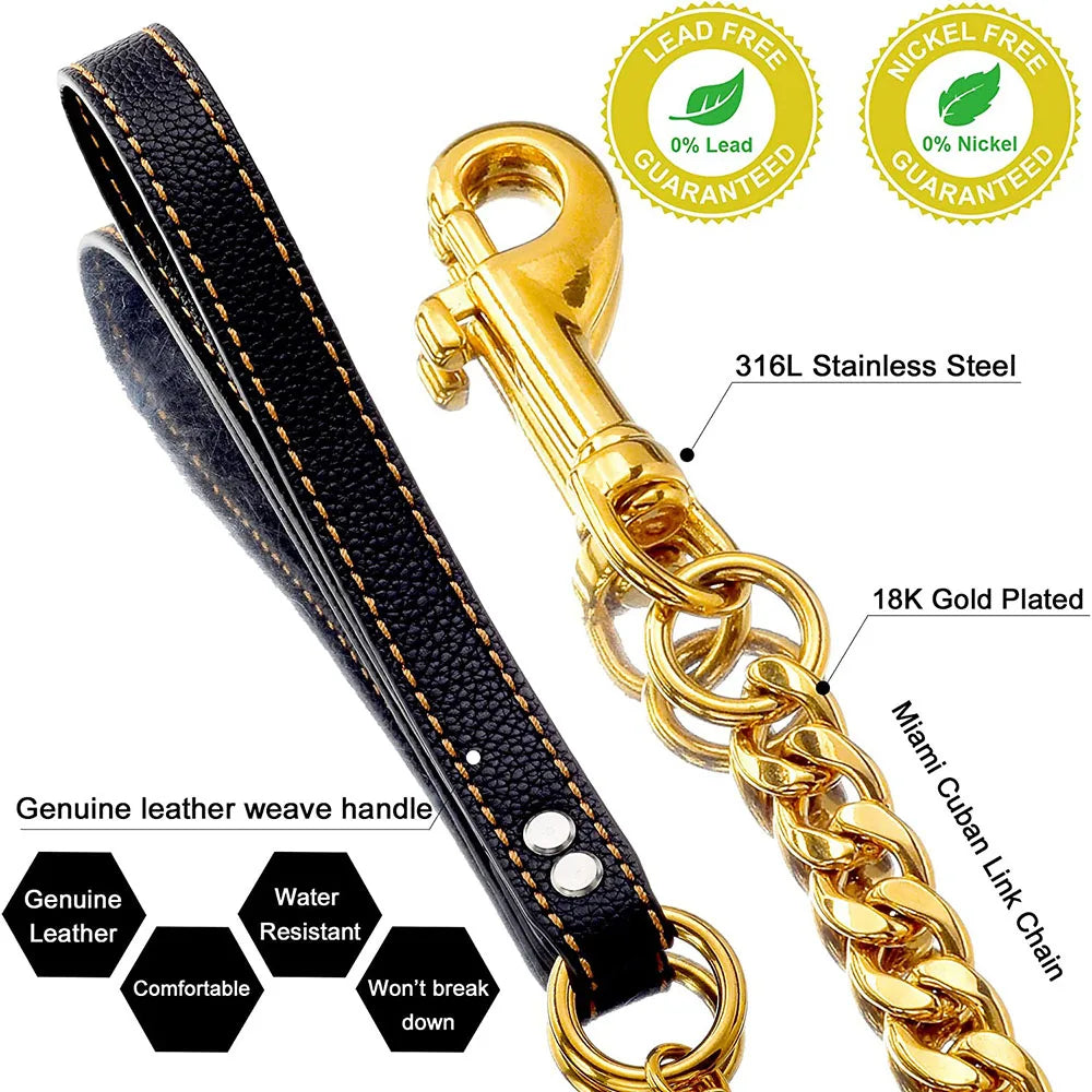 Explosion-proof Gold Leash: Leather, Stainless Steel Chain