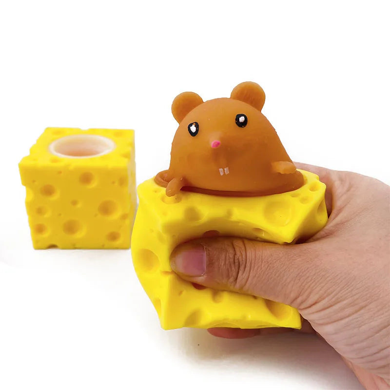 Stress-relieving pet toys: Cheese mouse, squirrel cup, fidget toys.