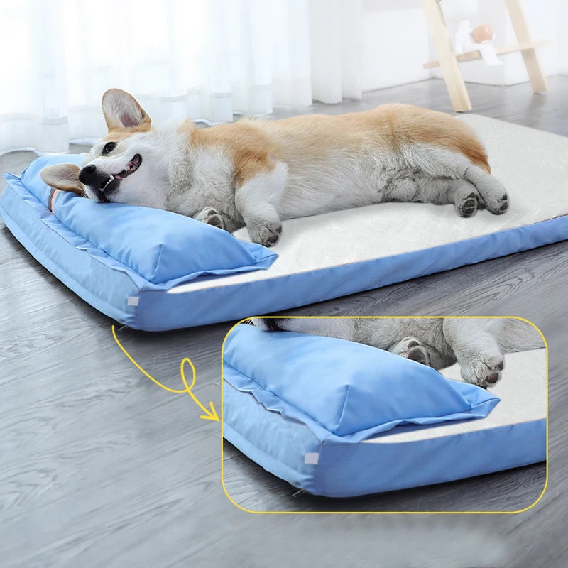 Summer pet bed: Cooling mat with pillow for dogs.